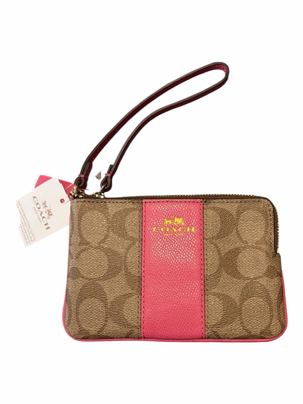 NWT COACH Small Corner Zip Wristlet Signature Khaki Saddle Strawberry Pink